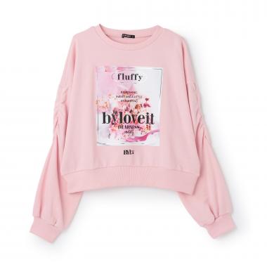 袖シャーリングケーキプリントプルオーバー