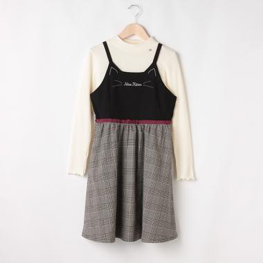 【リピート】【直営店で取り扱い無し】 ネコモチーフ切り替えワンピース×プチハイネックTシャツセット