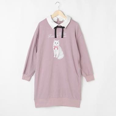 【リピート】【直営店で取り扱い無し】 裏毛 衿つきネコプリントワンピース