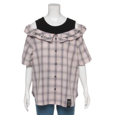 チェックレイヤード風肩出しブラウス