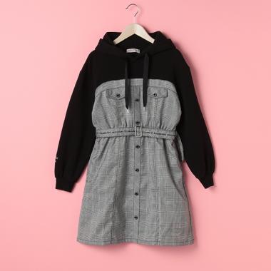 ベルトつきシャツレイヤード風ワンピース