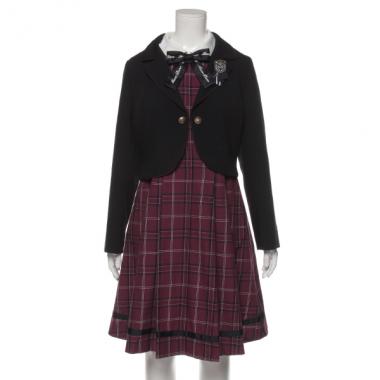 チェック柄丸衿ワンピース×ジャケット×リボンタイ×ブローチ4点セット