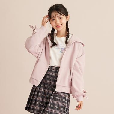 袖リボンフロントジップパーカ