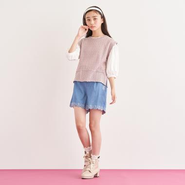 裾スカラップ刺しゅうショートパンツ