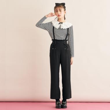 レースアップリボンつりつきロングパンツ