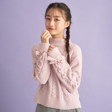 袖レースアップモールニット
