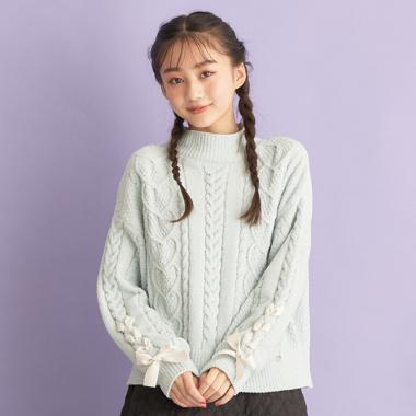 袖レースアップモールニット