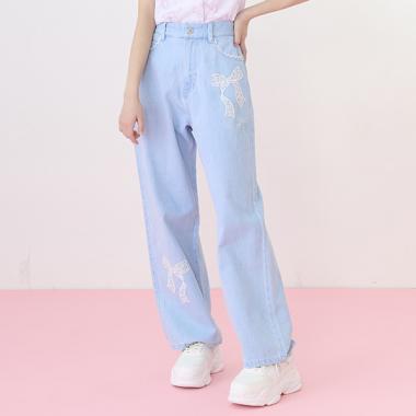 【ニコ☆プチ掲載】レースアップリケ美脚ルーズストレートデニムパンツ