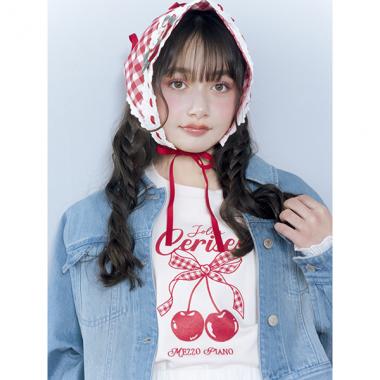 【Cuugal掲載】【接触冷感】袖レースアップリボンチェリーTシャツ