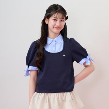 袖リボン布帛ドッキングTシャツ