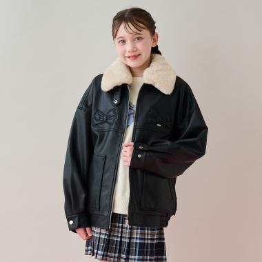 リボンアップリケ合皮ジャケット（フェイクファー衿つき）