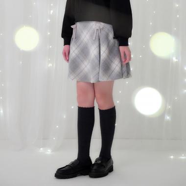 レースアップリボンシャギーチェックフレアスカパン