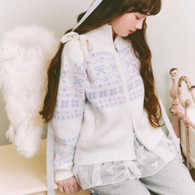 リボン柄ノルディックジップカーディガン