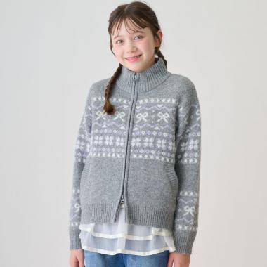 リボン柄ノルディックジップカーディガン