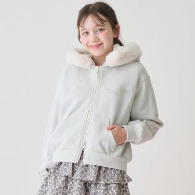 フェイクファーつきラメ裏毛ジップパーカ