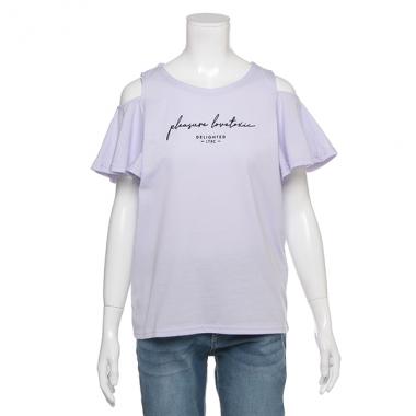 肩開きフリル袖Tシャツ