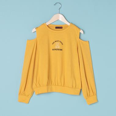 モチーフ刺しゅう肩開きTシャツ