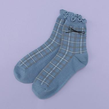 チェック柄リボンクルーソックス