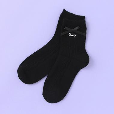 ケーブル編みリボンクルーソックス