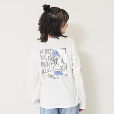 【コットン100%】バックガールイラスト長袖Tシャツ