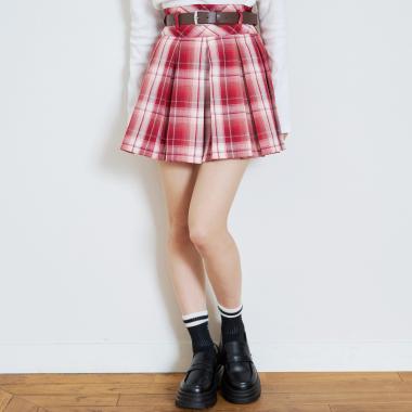 【イージーケア】ベルトつきチェックプリーツスカート