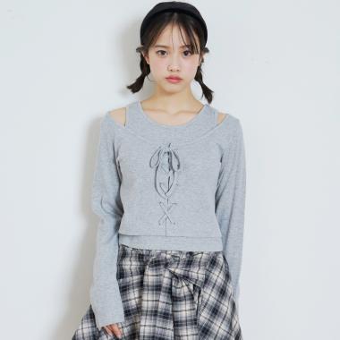 レースアップテレコ長袖シャツ