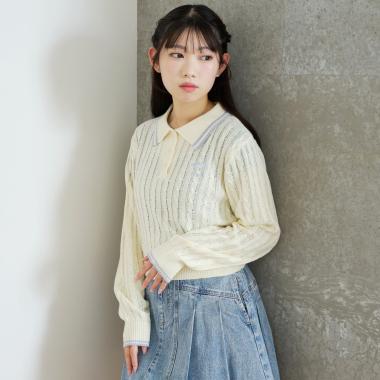 【洗える】ケーブル長袖ポロニット