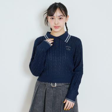 【洗える】ケーブル長袖ポロニット