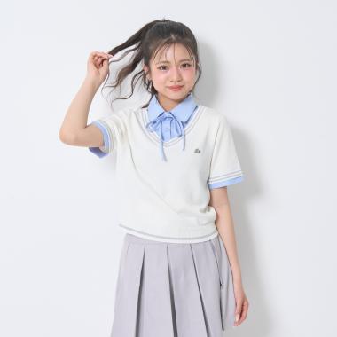 【洗える】リボンタイつきフェイクレイヤード半袖シャツ