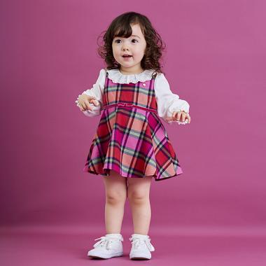 レースカラーカットソー&チェックジャンパースカートセット