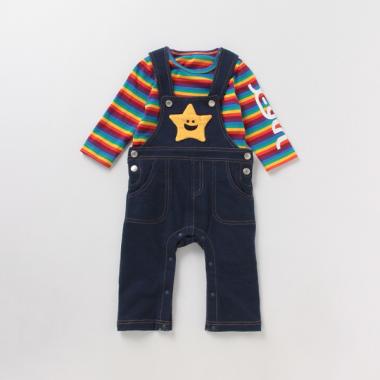 マルチボーダーロンパース×キラッキーポケットサロペットセット