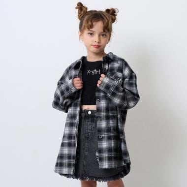 シャドーチェックロゴ刺しゅうロング丈シャツ