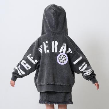 バックプリントデニムフードブルゾン