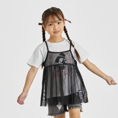 ガールイラスト半袖Tシャツ+メッシュキャミソールセット