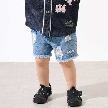 豹柄レイヤードクラッシュ加工デニムショートパンツ