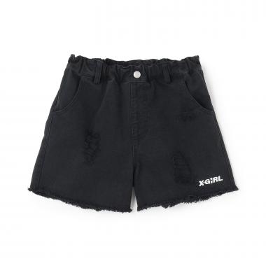 豹柄レイヤードクラッシュ加工デニムショートパンツ