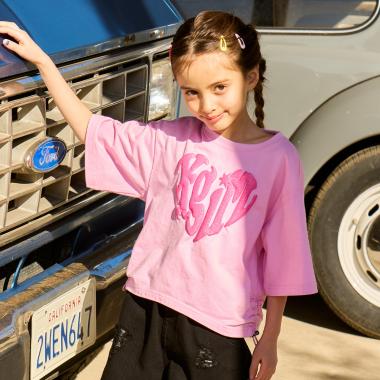 【接触冷感】発泡ハートロゴプリント シャーリング半袖Tシャツ