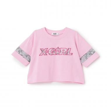 総柄メッシュプリント ショート丈半袖Tシャツ