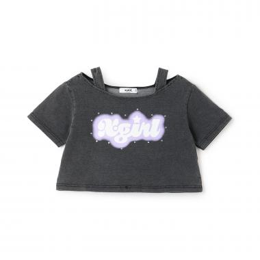 蓄光ロゴ 肩あきシャーリング半袖Tシャツ