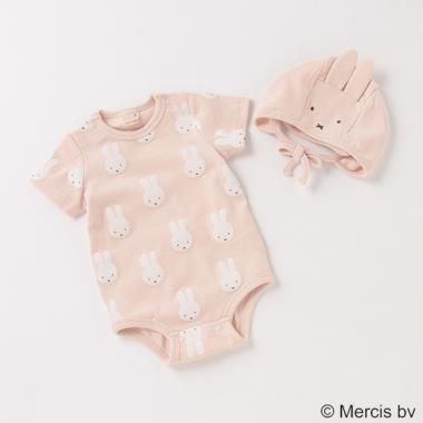 【ミッフィー 】 総柄ロンパース×耳つき帽子セット