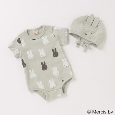 【ミッフィー 】 総柄ロンパース×耳つき帽子セット