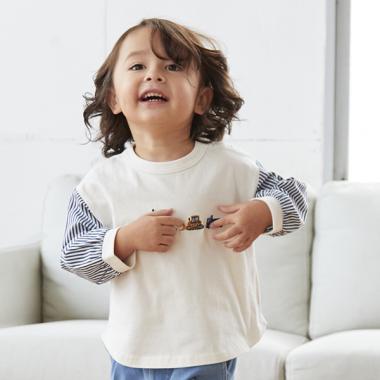 働く車刺しゅう袖ストライプTシャツ