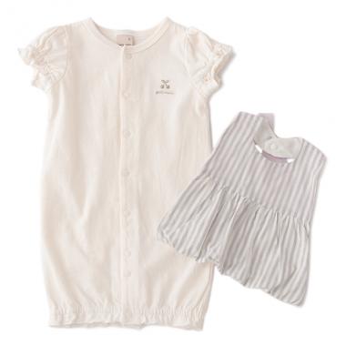 オーガニックコットン リボンつきストライプ柄スタイ×2WAYオールセット