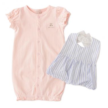 オーガニックコットン リボンつきストライプ柄スタイ×2WAYオールセット