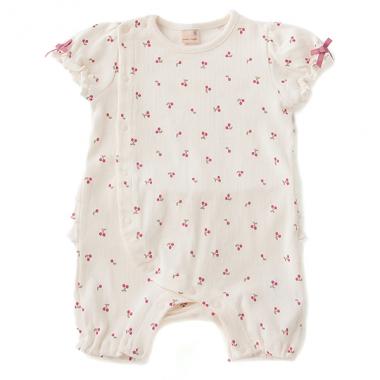 オーガニックコットン フルーツ総柄バックフリルテレコロンパース