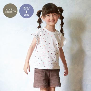 オーガニックコットン 吸汗涼感 袖フリルワンポイント刺しゅうTシャツ