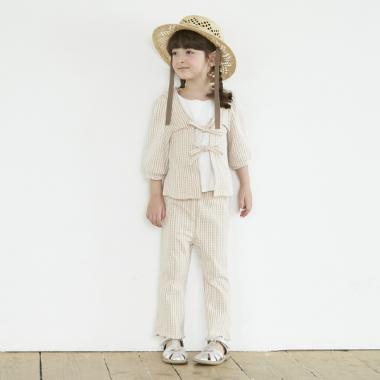 オーガニックコットン ギンガムレイヤード風Tシャツ×パンツセット