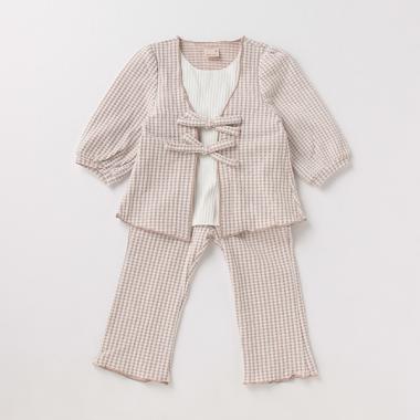 オーガニックコットン ギンガムレイヤード風Tシャツ×パンツセット