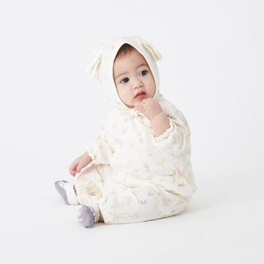 オーガニックコットン 帽子つき肌着ドッキング総柄2WAYオール