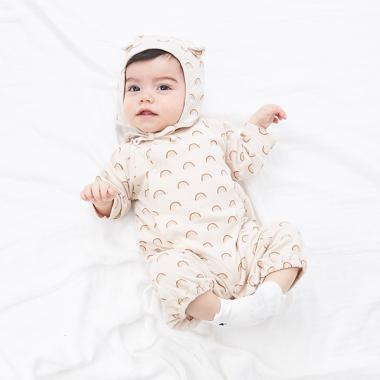 オーガニックコットン 帽子つき肌着ドッキング総柄2WAYオール